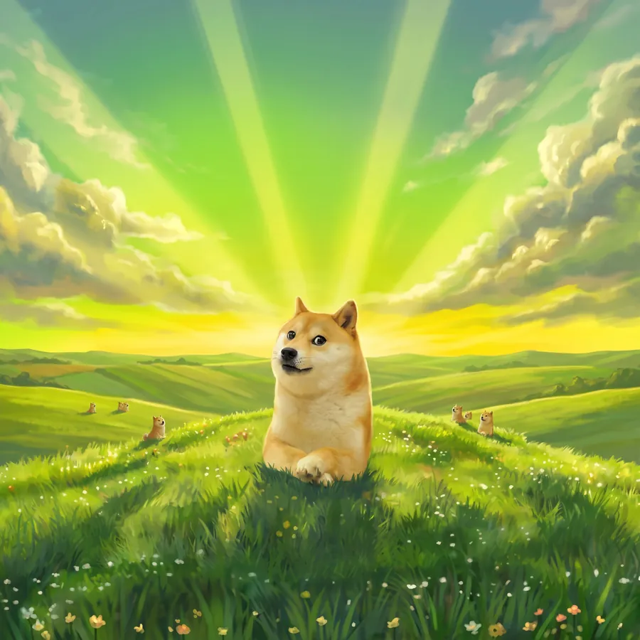 The original Doge, sitting in a sunlit meadow