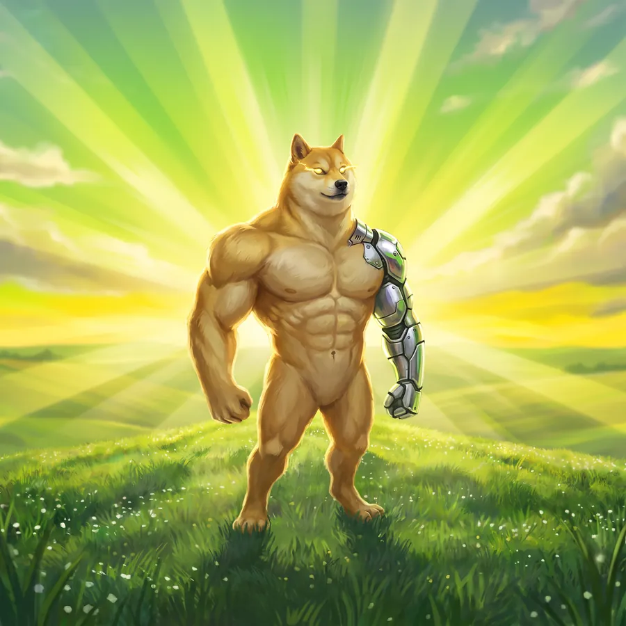 A muscular Doge with chrome plating spreading over one arm