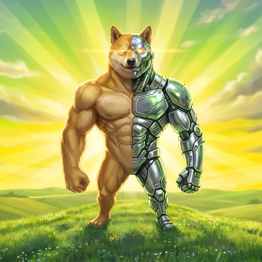 The half-cyborg Giga Doge, eyes glowing, god-rays behind him